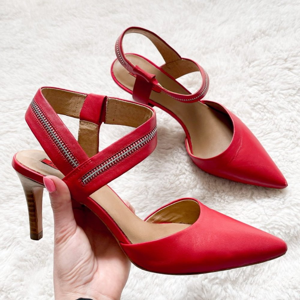 Fugitive By Francesco Rossi Red Leather Zipper Ankle Strap Point Toe Heels Pumps